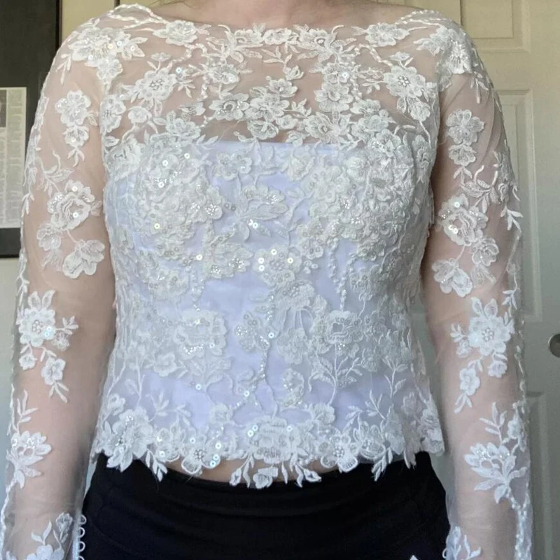 

Lace Appliques Wedding Jacket Sequined Bridal Party Coat Scoop Bridal Bolero Wedding Lace Top Customized