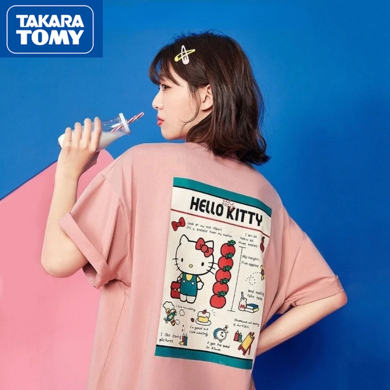 

TAKARA TOMY 20222021 Spring and Summer Hello Kitty Cotton Breathable Loose Short-sleeved Couple T-shirt Over Sized Cute Top