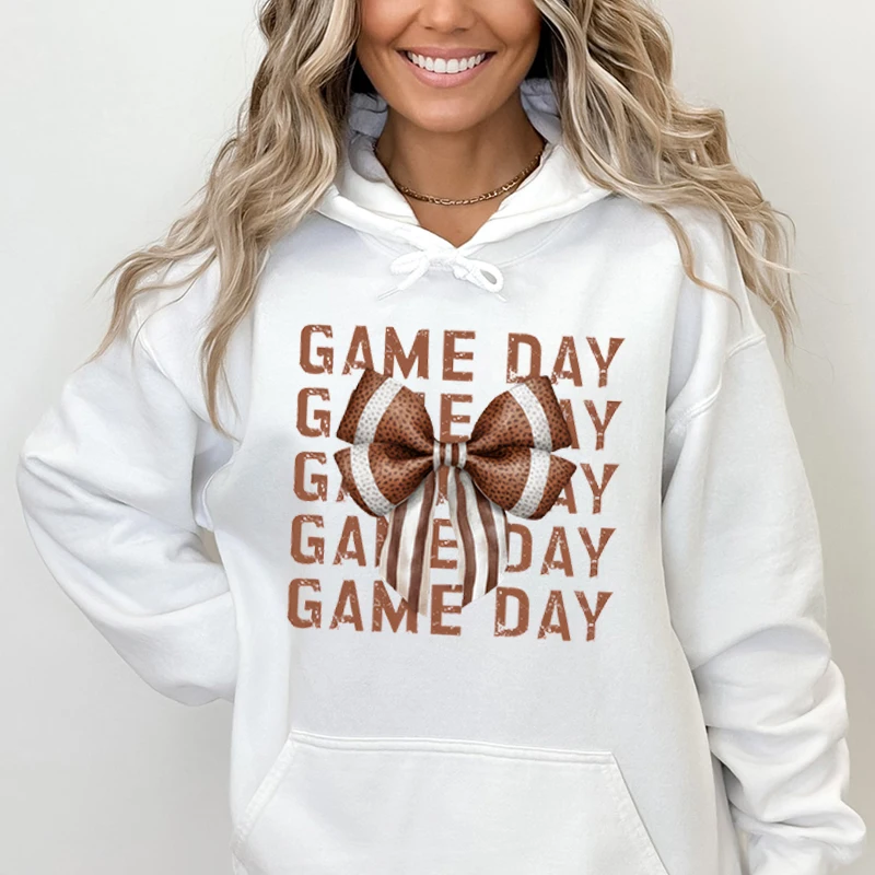 Fall Bow Game Day Print Hoodies For Women Autumn And Winter Casual Hoodie Ladies Sweatshirt Plus Size Pure Color Round Neck Tops