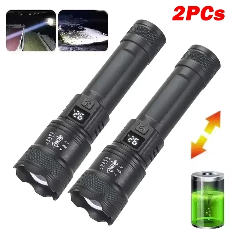 Hoogwaardige led-zaklampen 300000 LM tactische zaklamp met displaylicht USB-opladen Camping Vissen Defensa Zoom-lantaarn