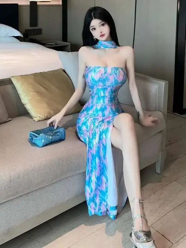 セクシーなパーソナライズされたプリントぶら下げネックローカットオフショルダースプリットドレスエレガントなロングドレススリム女性ファッションセクシーな韓国 VJO0