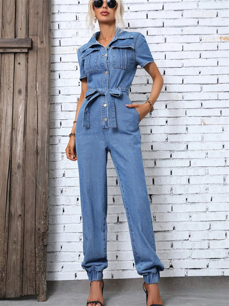 Streetwear Jeans Jumpsuits Summer Clothes Women 2024 Short Sleeve With Belt Denim Rompers Playsuits One Pieces Overalls Outfits