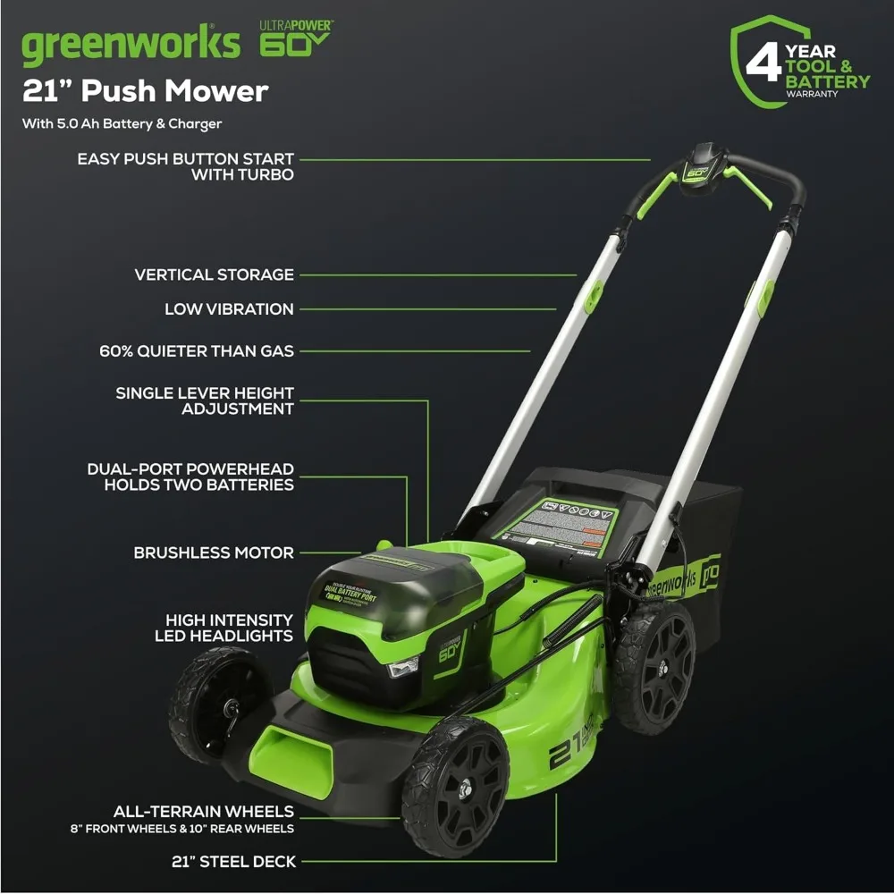 60V 21” Cordless (Push) Lawn Mower (LED Lights + Aluminum Handles), 5.0Ah Battery and Rapid Charger