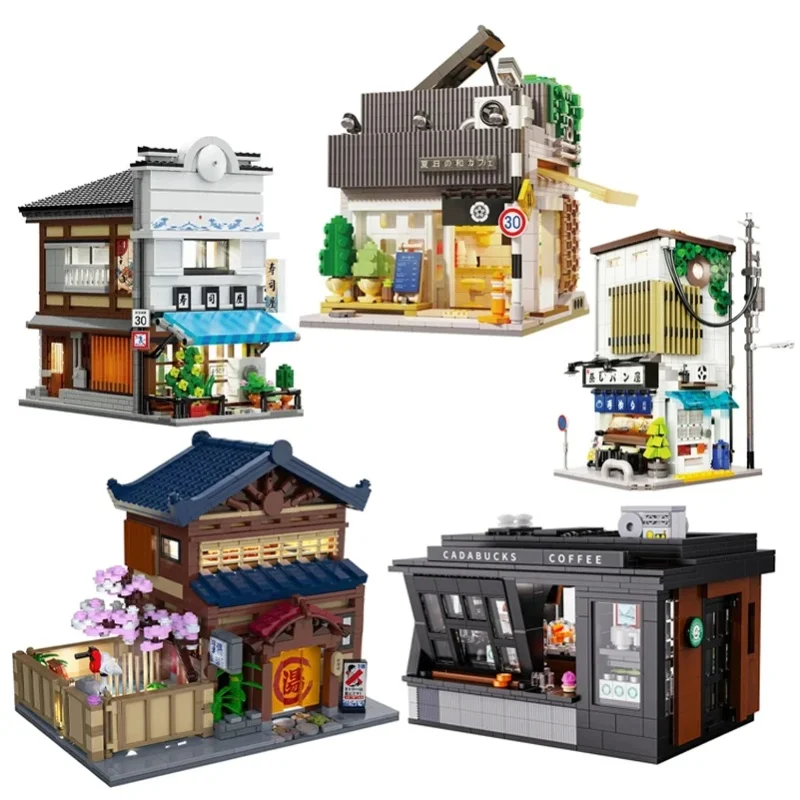 Klemmbausteine Japanische Stadtstraße mit LED-Modulbauten: Café, Hot-Spring-Haus, Sushi-Restaurant, Dampfbrötchenladen. Apartment-Modellbausatz, Spielzeug für Jungen, Geschenk für Erwachsene/Kinder