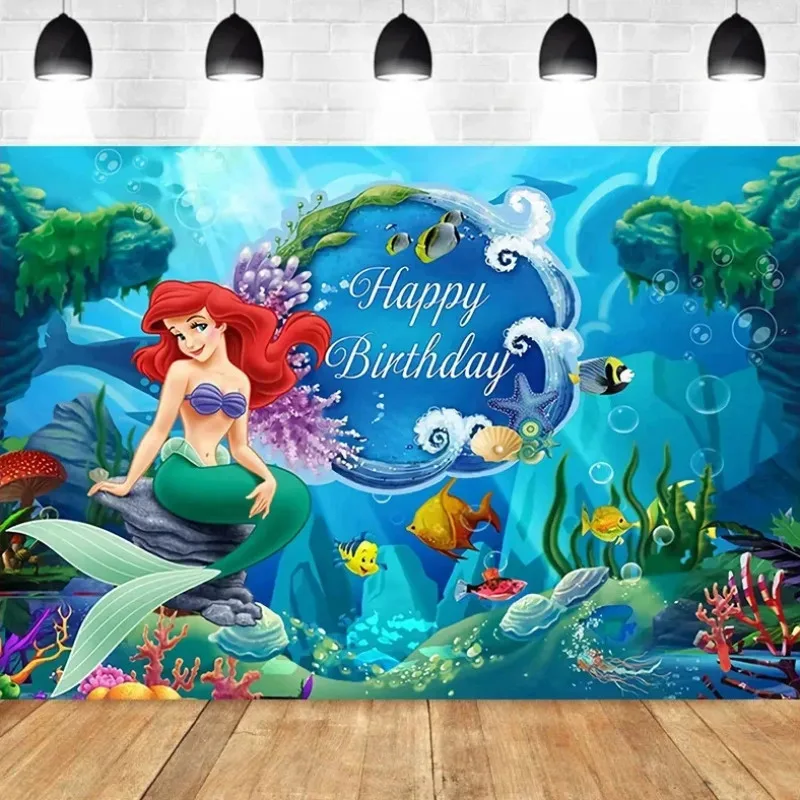 Disney Mermaid Background Wall Baby Birthday Party Photo Taking Sea Shell Treasure Poster Background Suitable