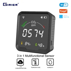 Girier tuya wi fi inteligente sensor de co2 temperatura e umidade detector dióxido carbono com grande tela lcd 3 em 1 funciona vida inteligente app