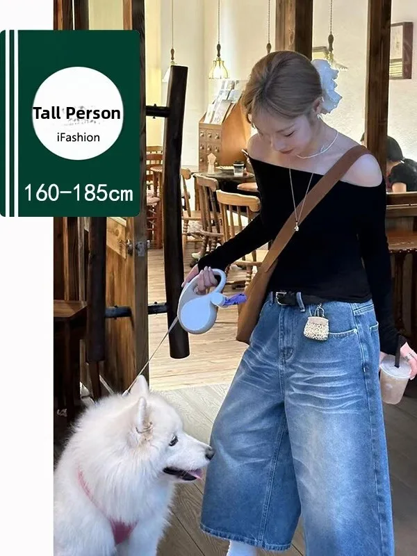 

American Retro Blue Seven-Foot Women's Jeans Summer New High Waist Extended Loose Slim Wide Leg Straight Mid-Pant High Risen