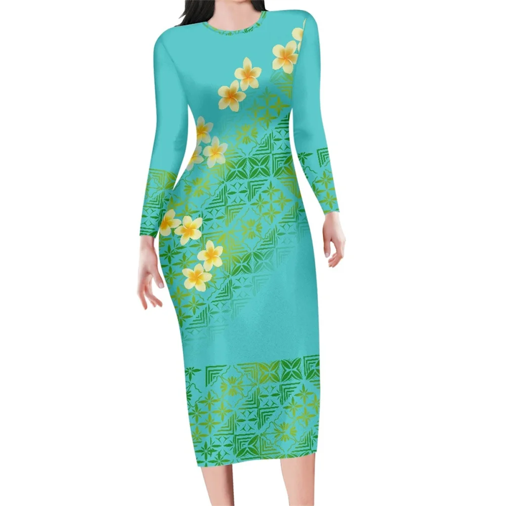 Autumn Women 7XL Polynesian Tribal Clothing Samoa Tapa Printing Maxi O Neck Dresses Casual Long Sleeve Bodycon Dress For Ladies