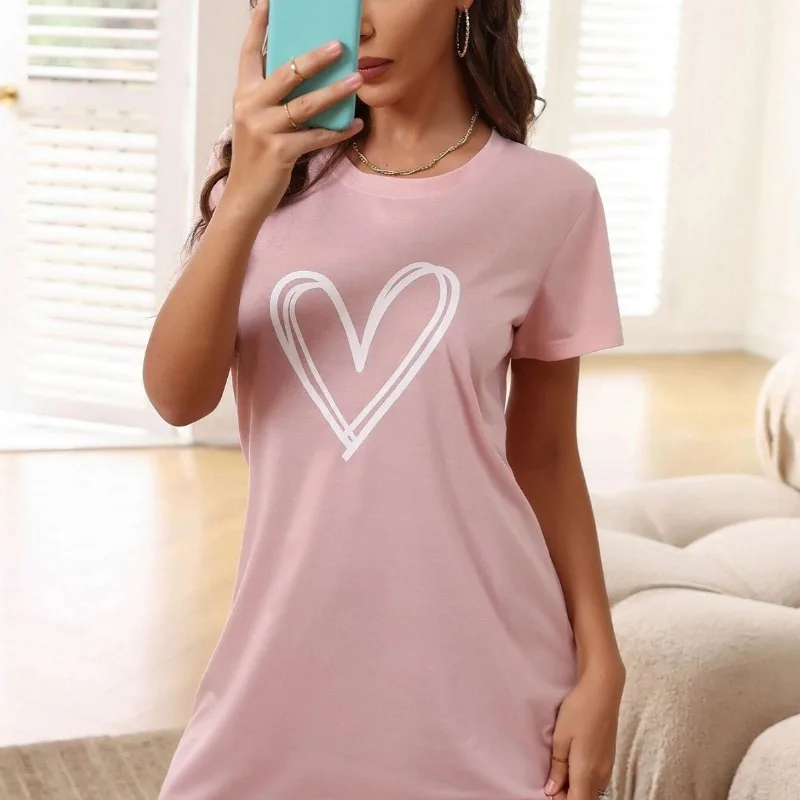 

Домашняя рубашка больших размеров, женская ночная рубашка с принтом сердца, с коротким рукавом, сексуальное домашнее платье с круглым вырезом, сексуальная ночная рубашка, романтическая женская одежда