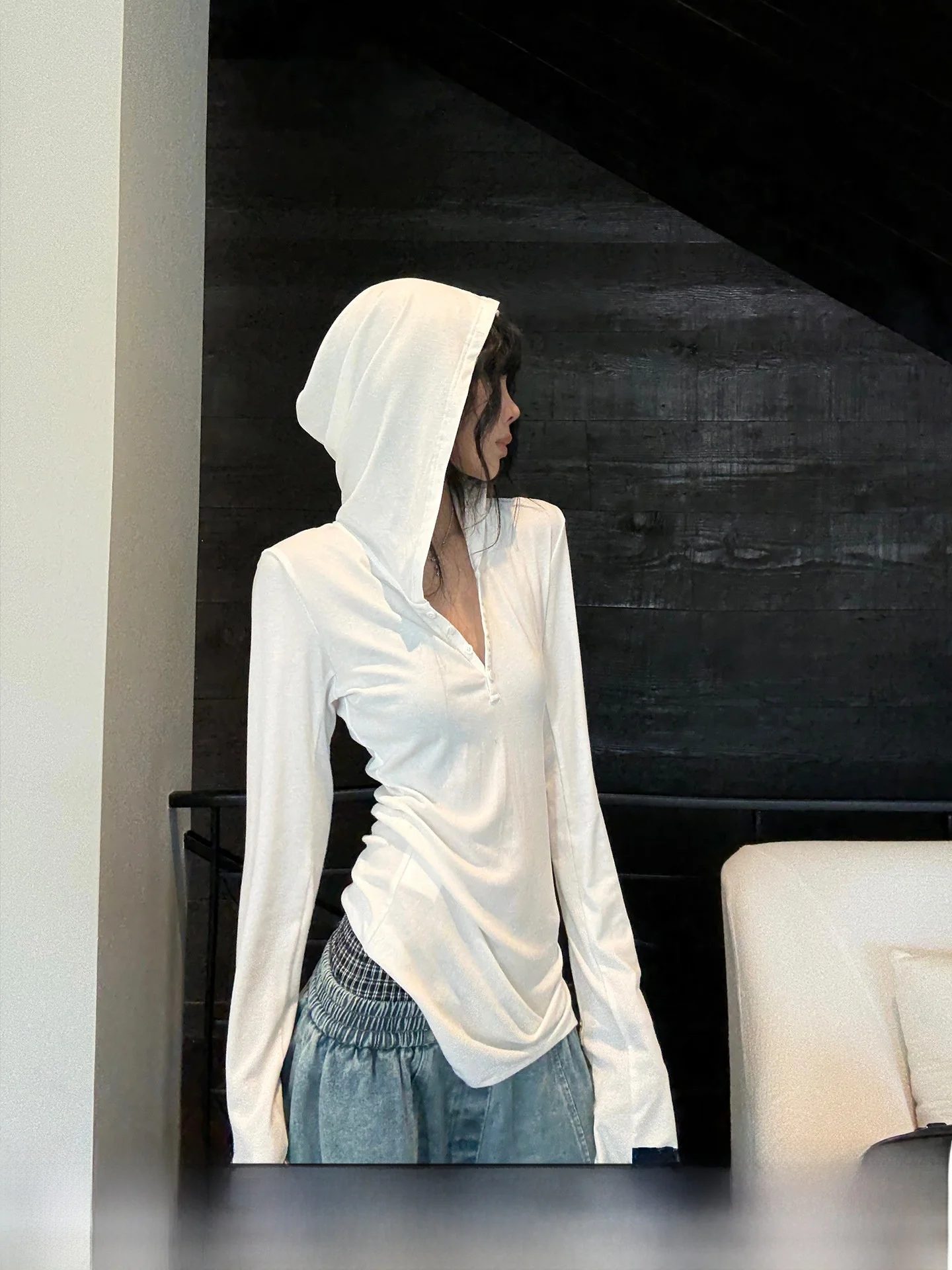 

Warden Women's Long Sve Woolen T-irt Hooded Slim Fit Henry Collar oulder Level Appropriate Autumn Season White Color