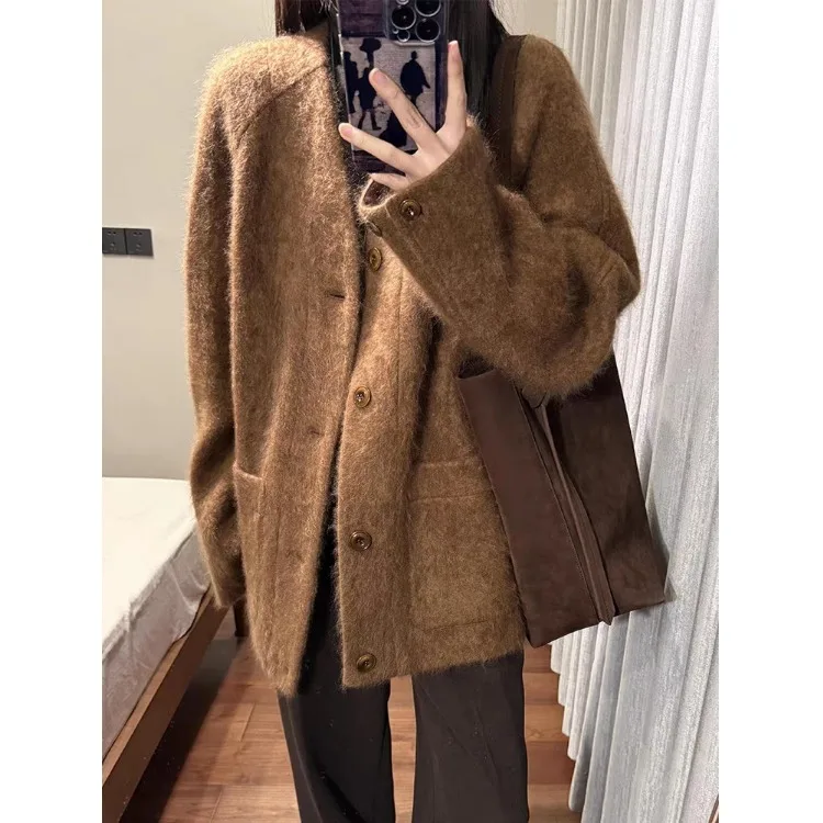 Brown Vintage V-Neck Woolen Coat Women's Autumn Winter High-End Feelings Casual Mid-Length Tweed Coat Commute Loose Fit Warmth
