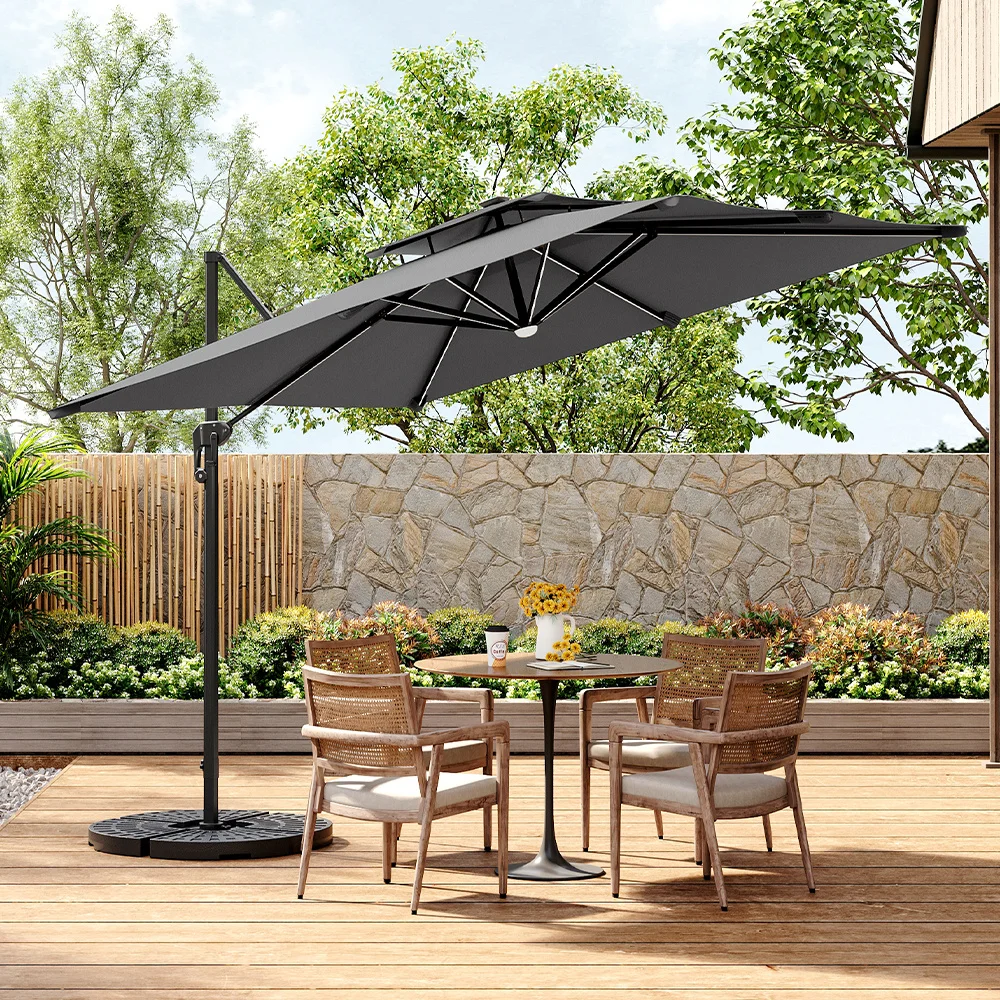 【Breeins】3M Dark Grey Garden LED Light Parasol Outdoor Umbrella with Cross Base