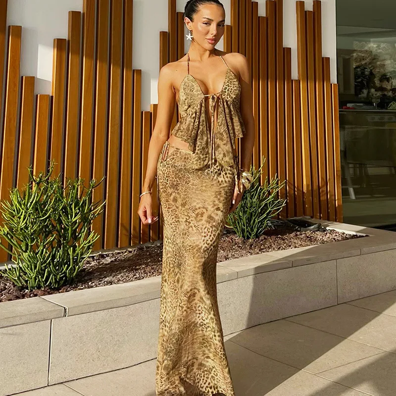 WeiYao-conjunto Sexy con estampado de leopardo para mujer, Top con tirantes finos sin tirantes, ahuecado, drapeado, vestidos ajustados con cordones, trajes de playa elegantes