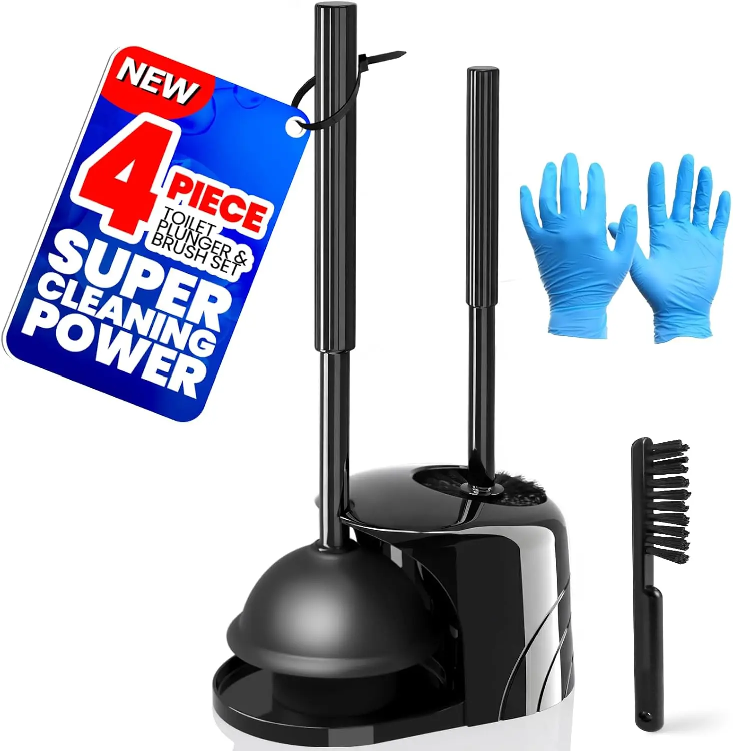 

4-Piece Toilet Brush & Plunger Set, Extended Handle, Bathroom Cleaning Tools, Black (20inch)