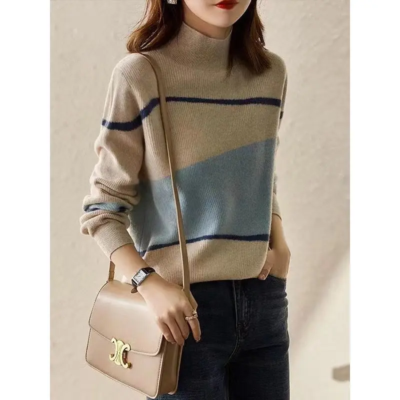 Mock Neck Striped Sweater Women Autumn Winter Loose Long Sleeve Knitwear Fashion All-match Trend Knitting Bottoming Shirt Tops