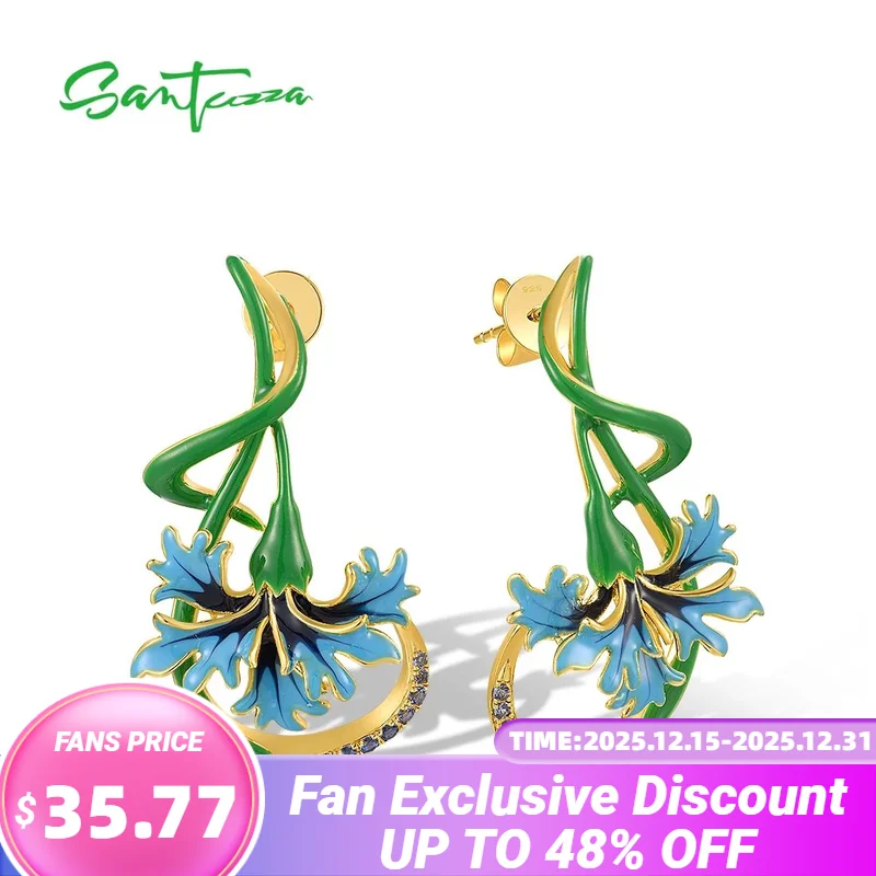 

SANTUZZA Authentic 925 Sterling Silver Dangling Earrings For Women Blue Stone Green Flower Enamel Elegant Weding Fine Jewelry