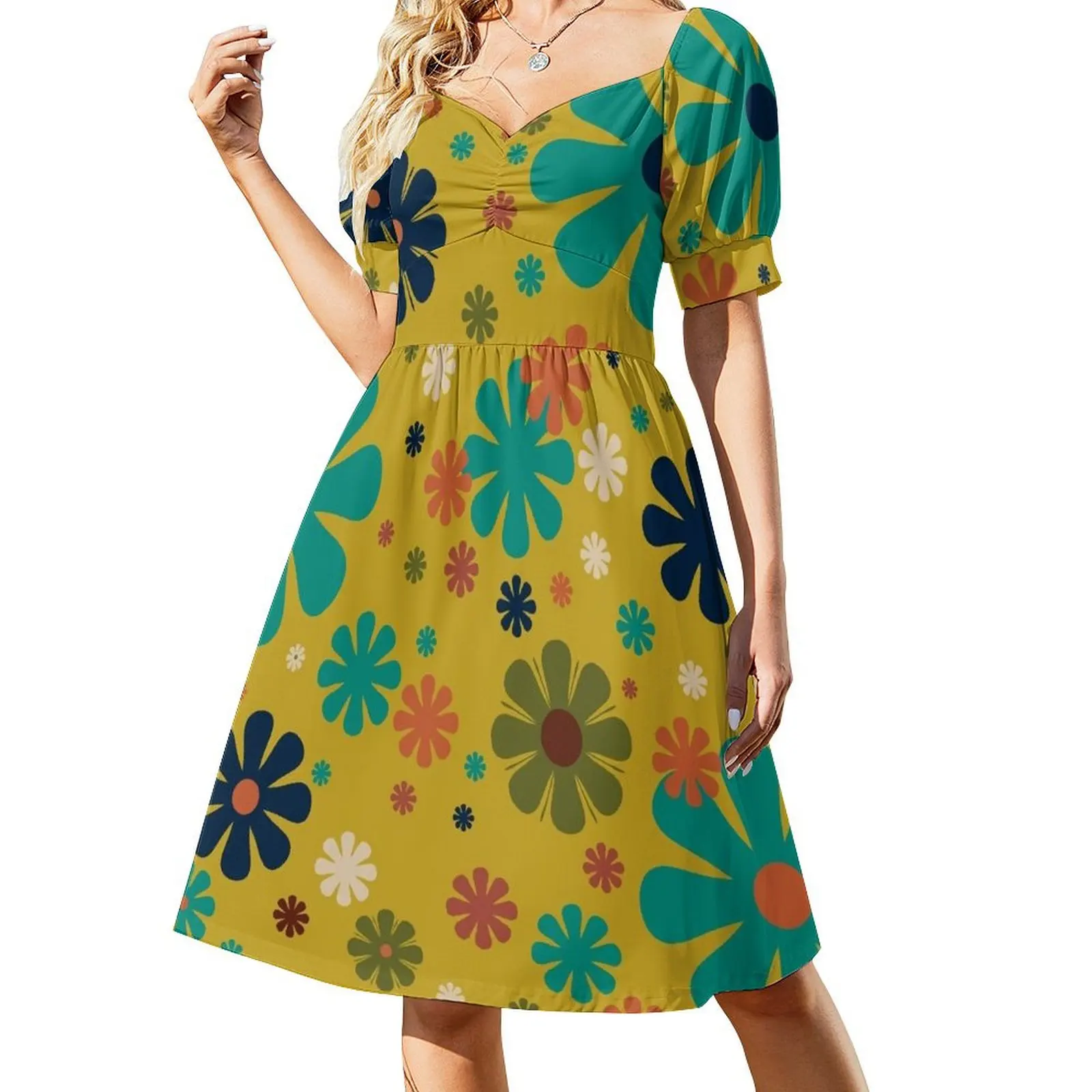 

Flowerama - Retro 60s 70s Floral Pattern in Mid Mod Turquoise Teal, Khaki Green, Orange, Beige, and Mustard Short Sleeved Dress