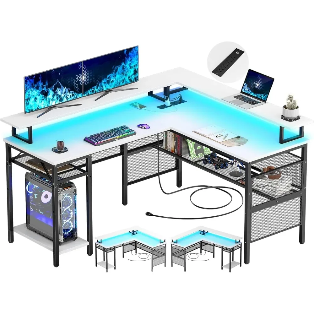 

L-Shaped Desk with LED Strip and Power Outlets, Reversible Corner Computer Desk with Monitor Stand and Storage Shelf,