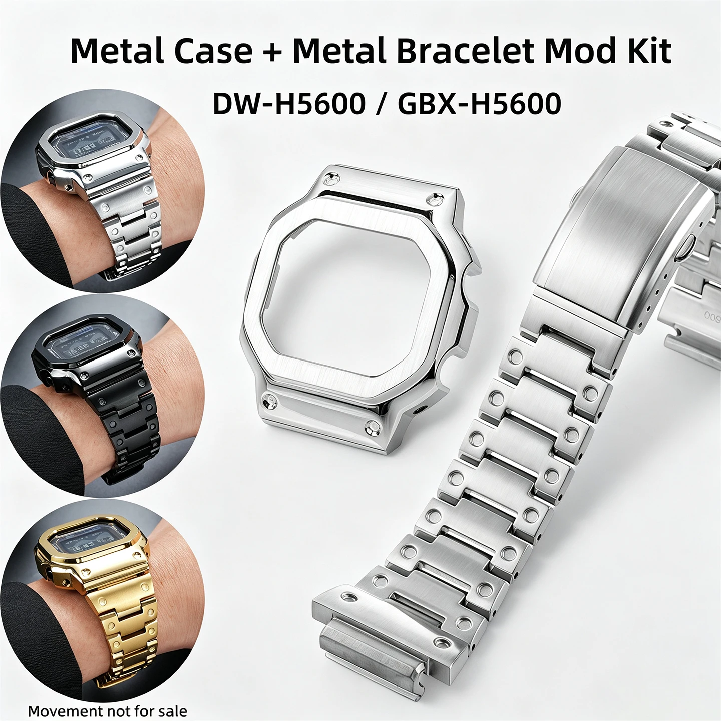 Watch Accessories for Casio G‑SQUAD 3516 DW‑H5600 G‑LIDE 3586 GBX‑H5600 Stainless Steel Case Strap Silver Gold Black Mod Kit