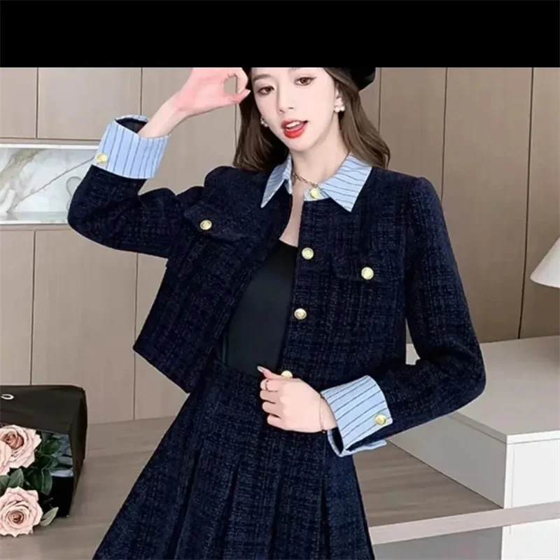 2024 Spring Autumn New Korean Version Temperament Small Fragrance Short Coat Ladies Slim High Waist Pleated Skirt 2 Piece Set