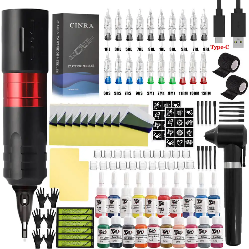 

VEDDIN Wireless Tattoo Machine Kit Professional Rotary Tattoo Pen with 20 Cartridge Needle Inks Makeup Kit Complete for Beginner