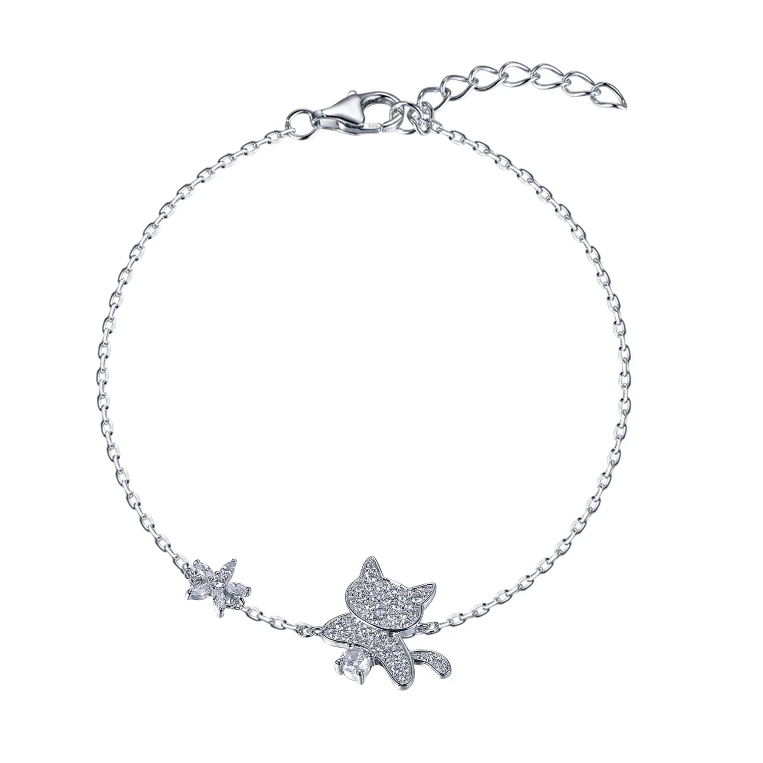 TKJ Cute Cat Charms 925 Sterling Silver Bracelet Sparkling Zircon Pendant Bracelets Adjustable Extension Chain Jewelry for Women