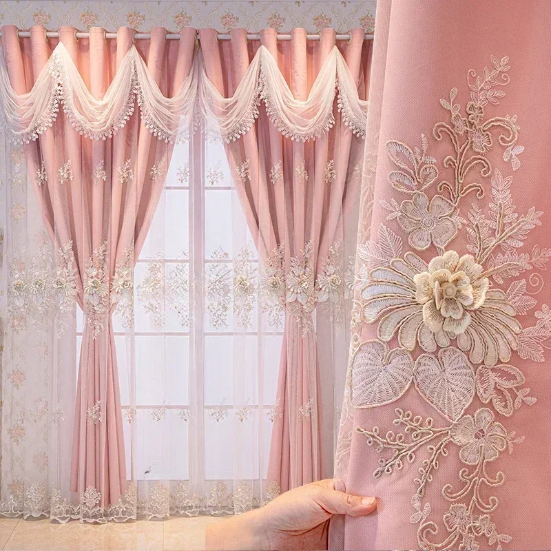 European Embroidery Double Curtains for Living Dining Room Bedroom Embossed Tulle Partition Door Window Curtains Customize