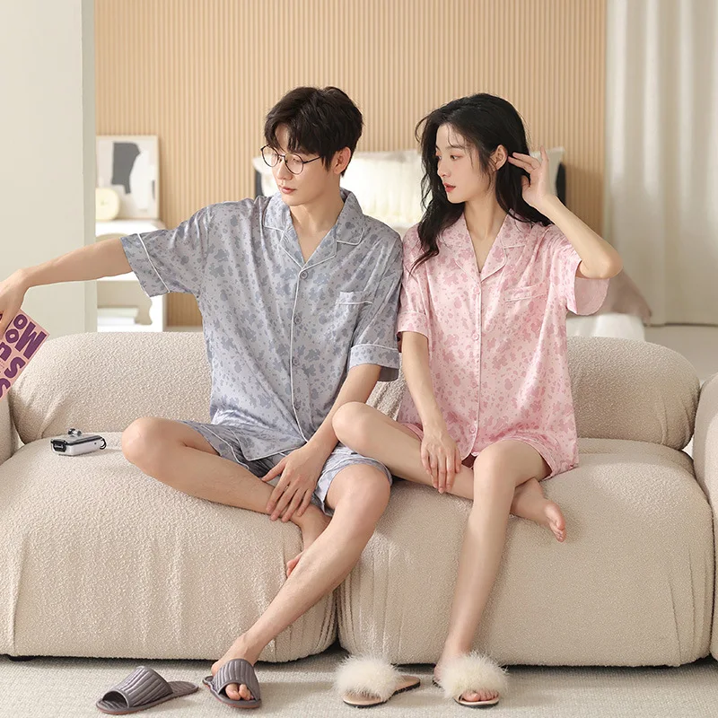 2024 Couple Pajamas Women Cardigan Short sleeve Pijamas Suit Summer Men's New Loose Homewear Ice Silk Comfortable Nightwear