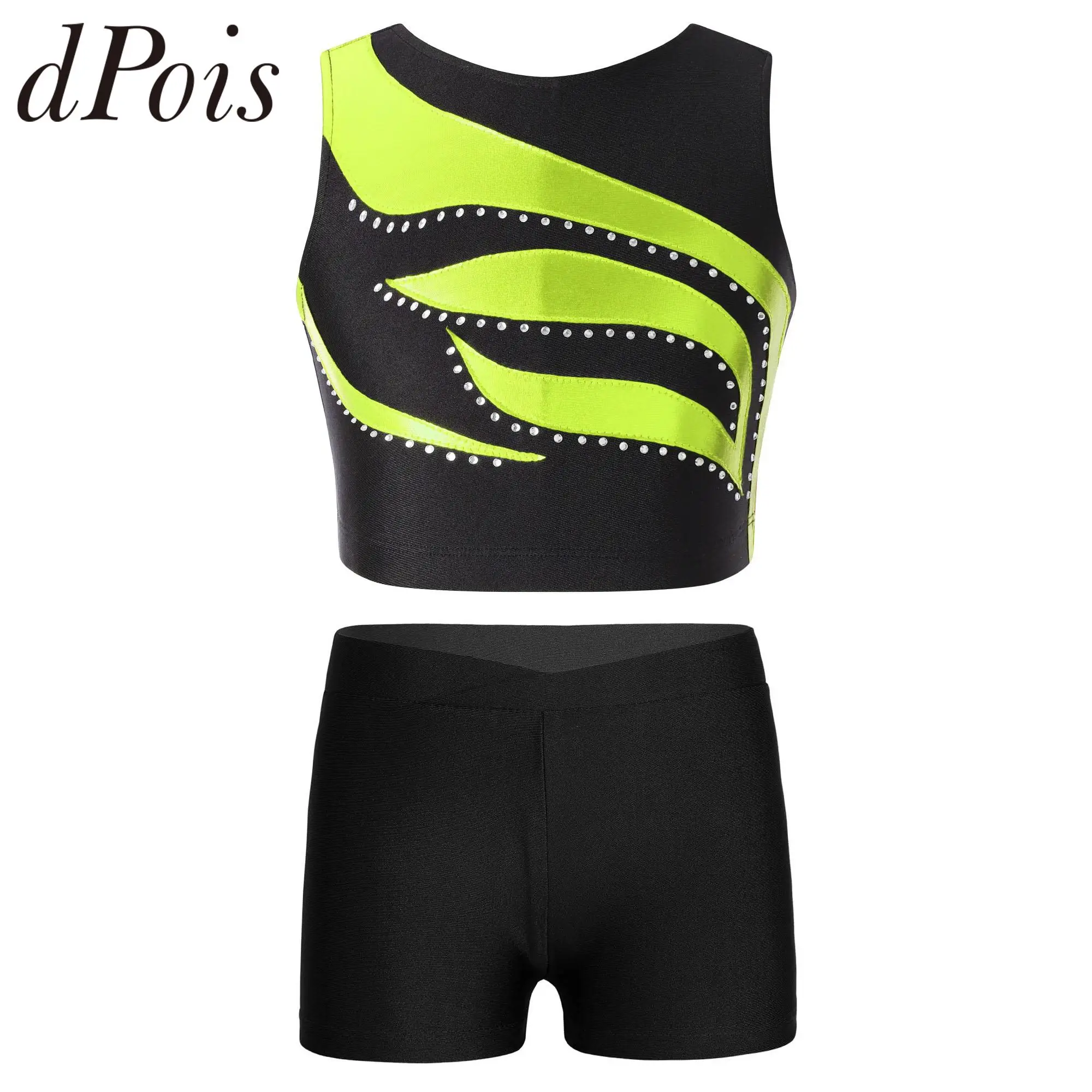 

Kids Ballet Dance Outfit Sleeveless Shiny Rhinestones Crop Top + Shorts Sportswear Sets for Dancing Gymnastics Workout Suit