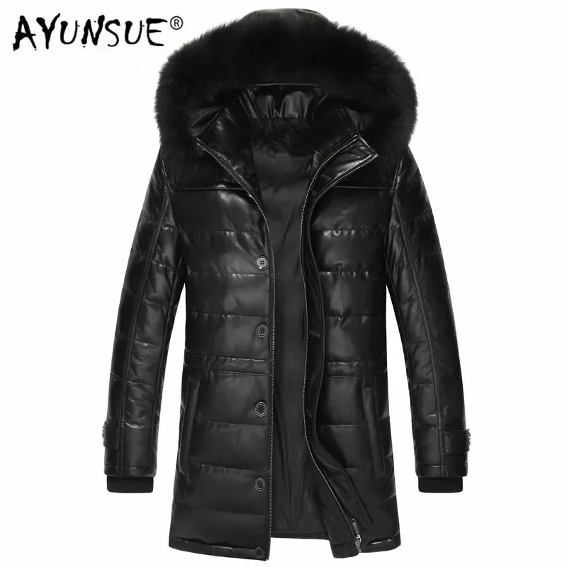 AYUNSUE Men's Sheepskin Coat Genuine Leather Winter Duck Down Jacket Men Fox Fur Collar Hooded Long Coat Men Jacket 15L1568YY303