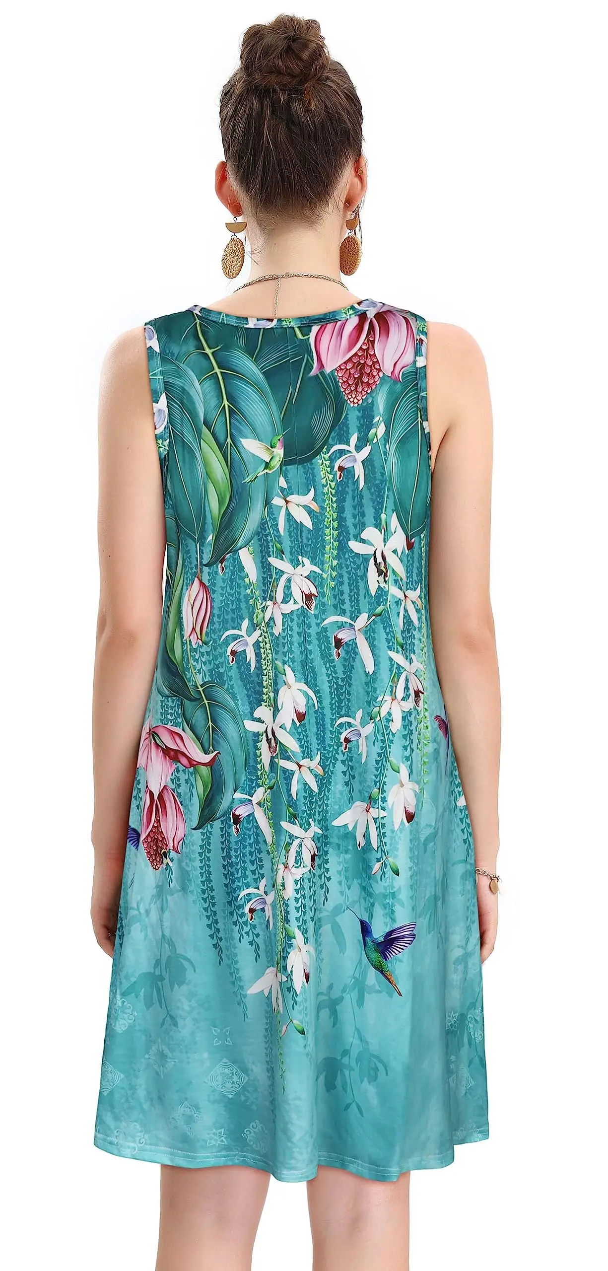 Drooping daffodil print ladies casual fashion sleeveless vest with loose skirt with pockets. Elegant evening gown for women