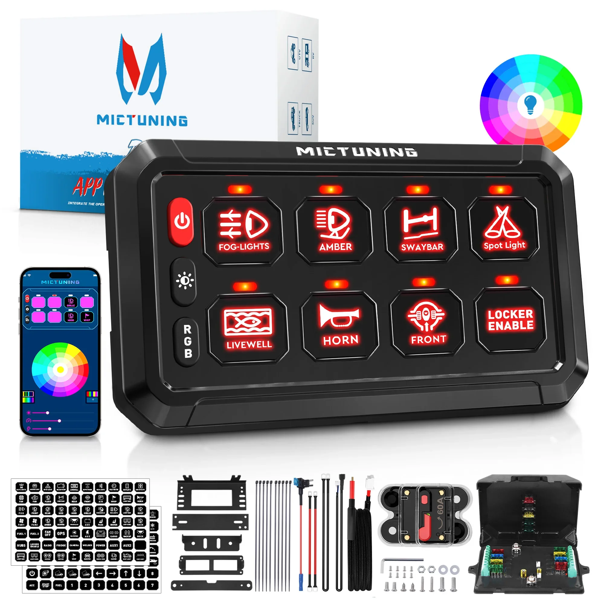 P1S Series RGB 8Gang Automotive Switch Panel APP Control Light Switch Panel Bluetooth LED Switch Panel for Car Jeep SUV Truck