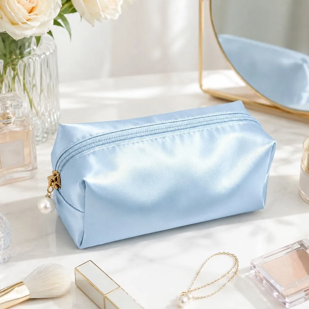 Portable Makeup Bag Solid Color Pearl Zipper Pull Design Cosmetic Storage Bag Simulated Silk Fabric Large Capacity