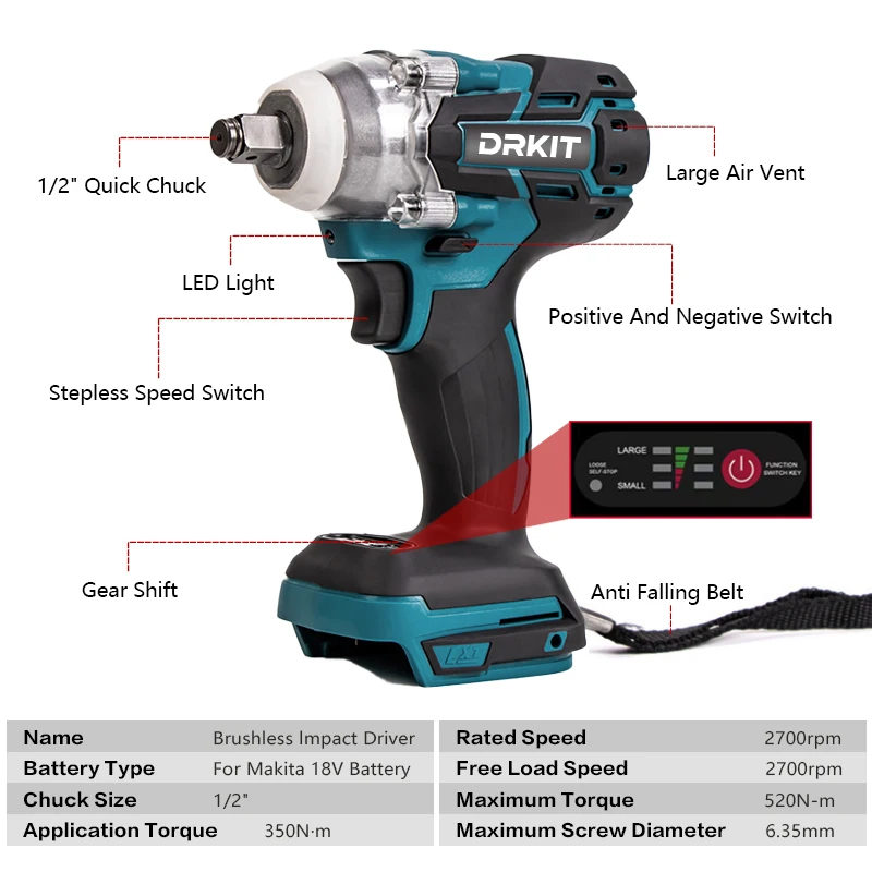 DRKIT 520N.M مفتاح ربط كهربائي بدون فرشاة 1/2 بوصة مفتاح ربط لاسلكي مفك براغي أداة إصلاح السيارات السلطة لبطارية ماكيتا 18 فولت