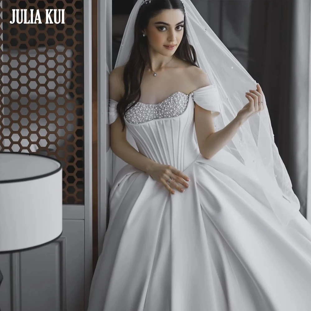 

Julia Kui Customize Made Satin Silk Off Shoulder Sleeves Princess Wedding Dresses With Beading Pearls Delicated Corset Gowns