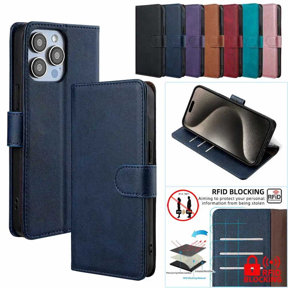 RFID Blocking Leather Flip Book Case For iPhone 15 14 13 12 11 XS Pro Max 8 7 6S 6 Plus XR X SE3 Multi-color Protect Cover Funda