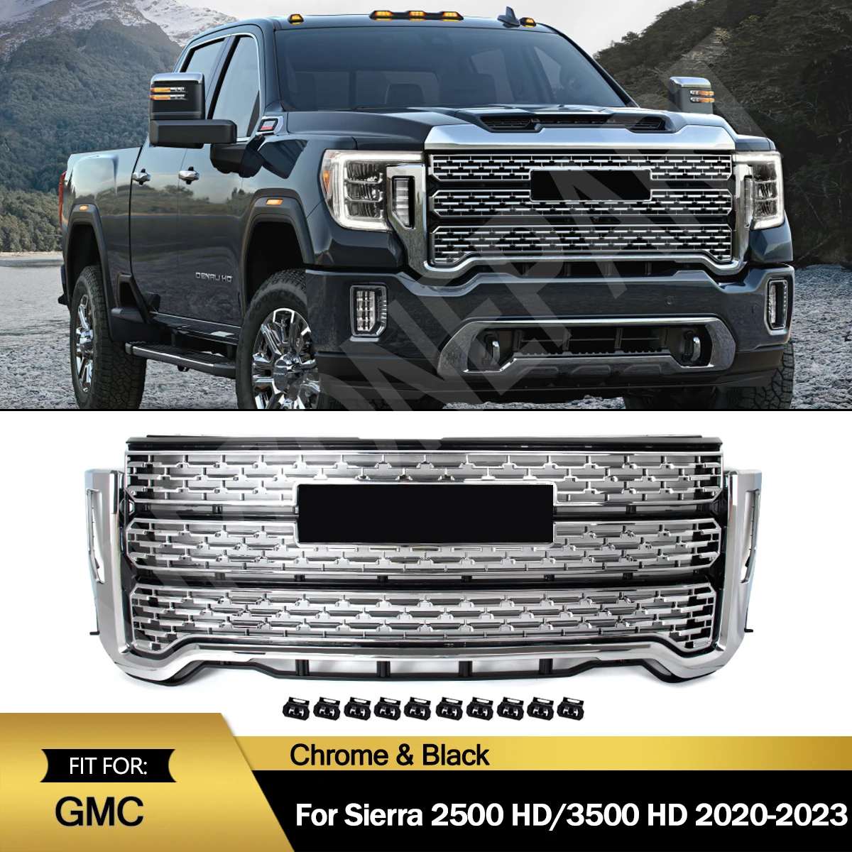 

Chrome Front Bumper Grille For GMC Sierra 2500HD 3500HD Denali 2020-2023 Front Hood Grid Upper Grille Modified Grill Accessories