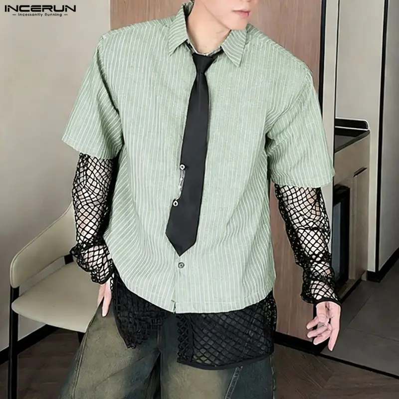 

INCERUN Men's Shirt Mesh Patchwork Striped Long Sleeve Hollow Out Men Clothes Streetwear See Through 2026 Tops For Man Camisa