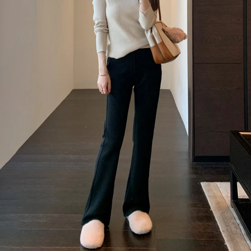 سراويل نسائية صغيرة متوهجة من الصوف لعام 2025 سراويل خريف وشتاء كلاسيكية متعددة الاستخدامات سراويل نسائية عالية الخصر للتخسيس سراويل سوداء