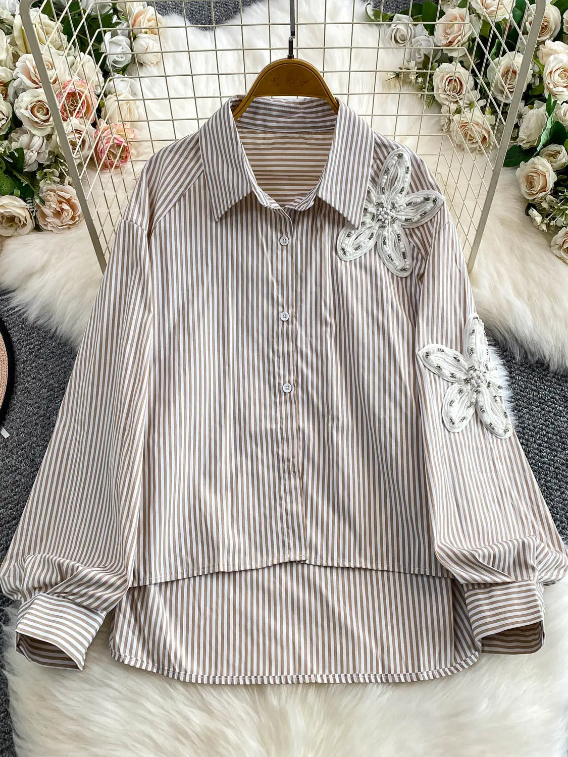 

Women Khaki Striped Polo-Neck Shirts Blouses Y2k 2000s Top Aesthetic Vintage Elegant Long Sleeve 3D Floral Shirt Clothes Autumn