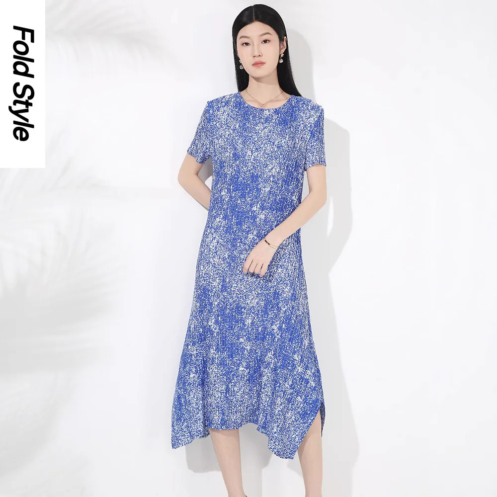 

Miyake Pleated Printed Short-sleeved Dress Women's Round Neck Pullover Fashion Versatile Commuter Elegant Simple Skirt