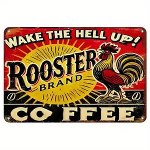 

1 Retro Rooster Coffee Logo -7.87x11.81 inch Retro Metal Mural with Humorous "Wake Up!" Design - Red and Yellow Appearance