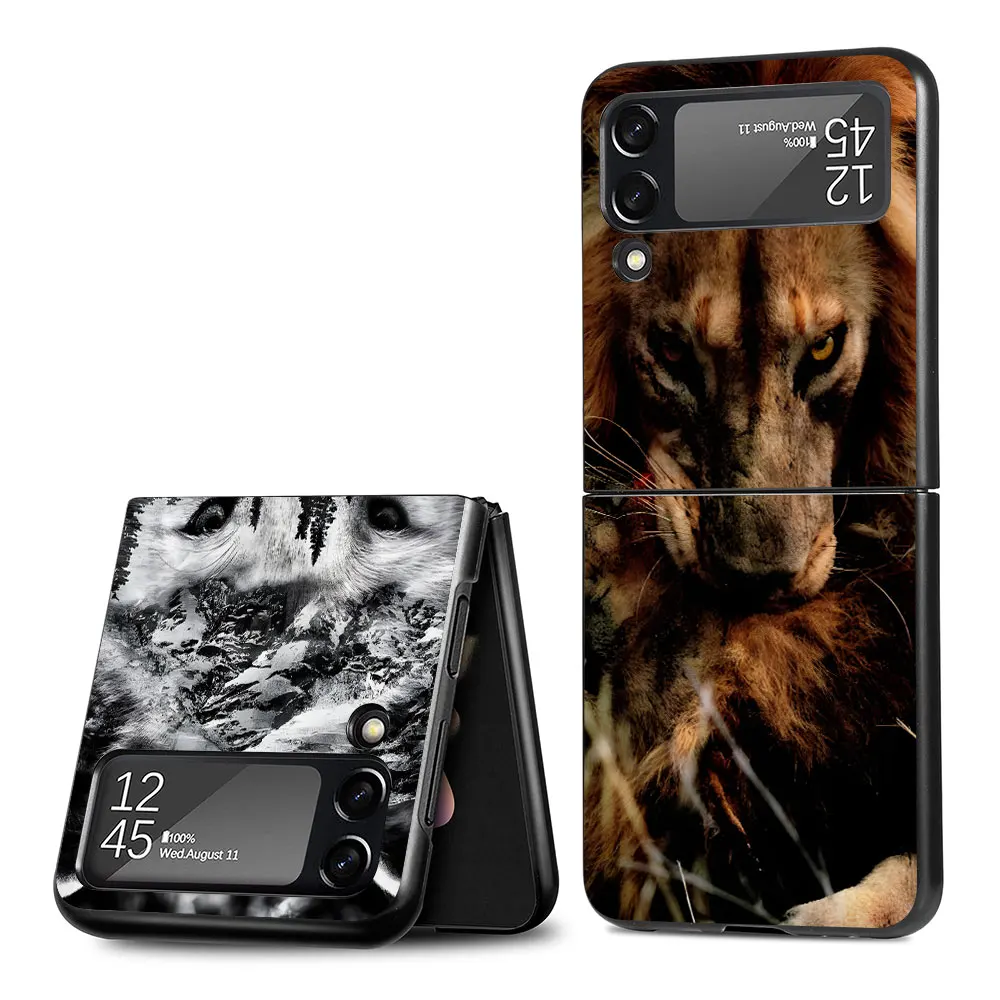 Lion Tiger Beast King Wolf Case for Samsung Galaxy Z Flip4 Flip3 Hard PC Phone Cover Flip 4 3 5G Black Funda Zflip4 Zflip3 Shell