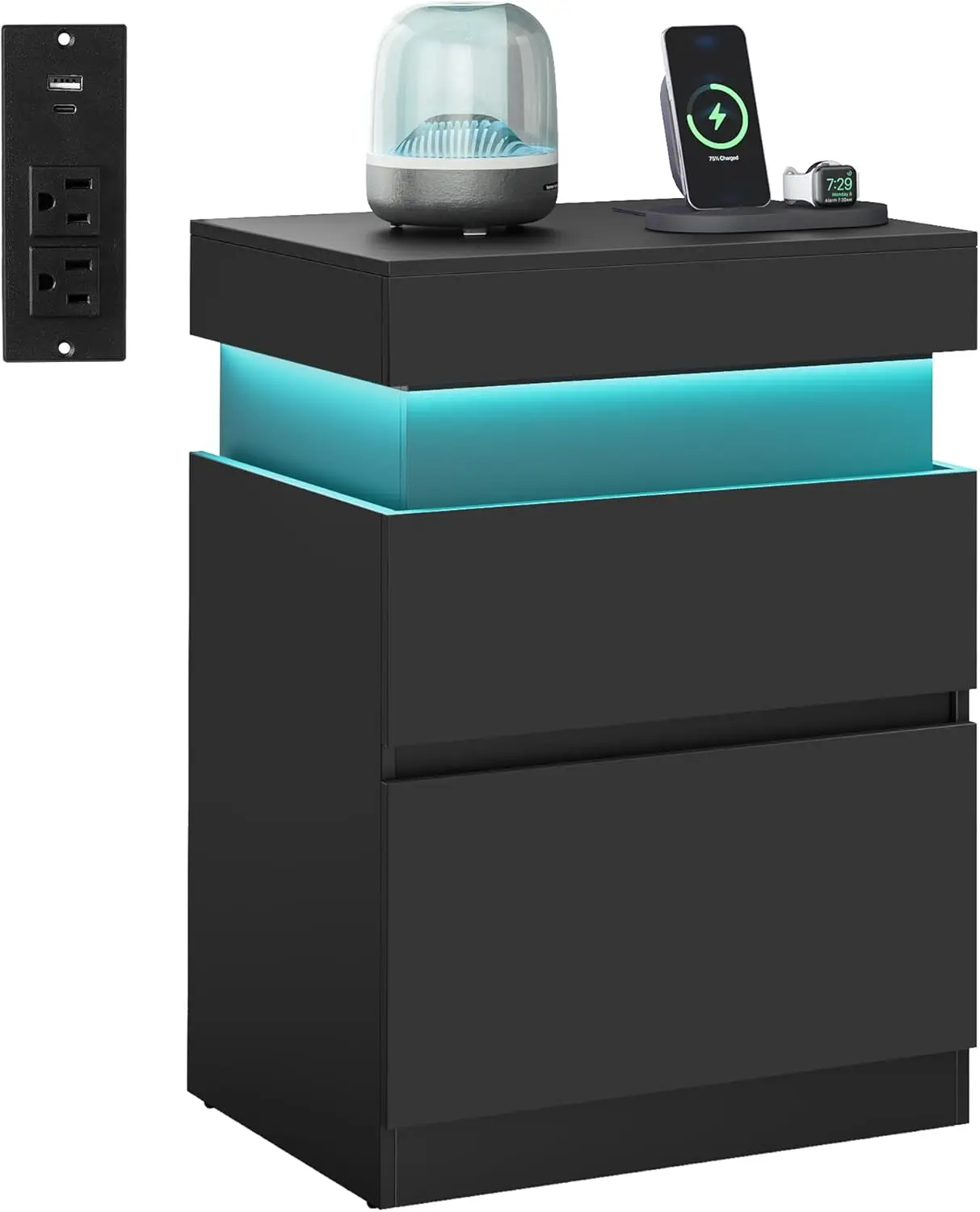 

Collection - Nightstand With Power Outlets, Sliding Lid, Modern Bedside Table With LED Lights, End Table, 2 Drawe