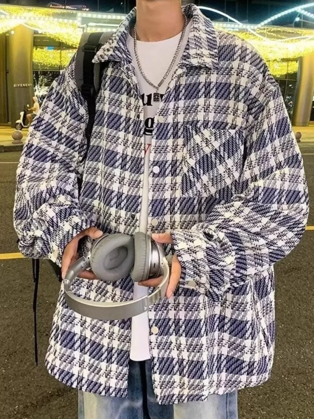 

2024 Autumn Winter Men's Loose Casual Woolen Jaet Faionable Brand Plaid irt High-End Feeling Hip Haome Coat