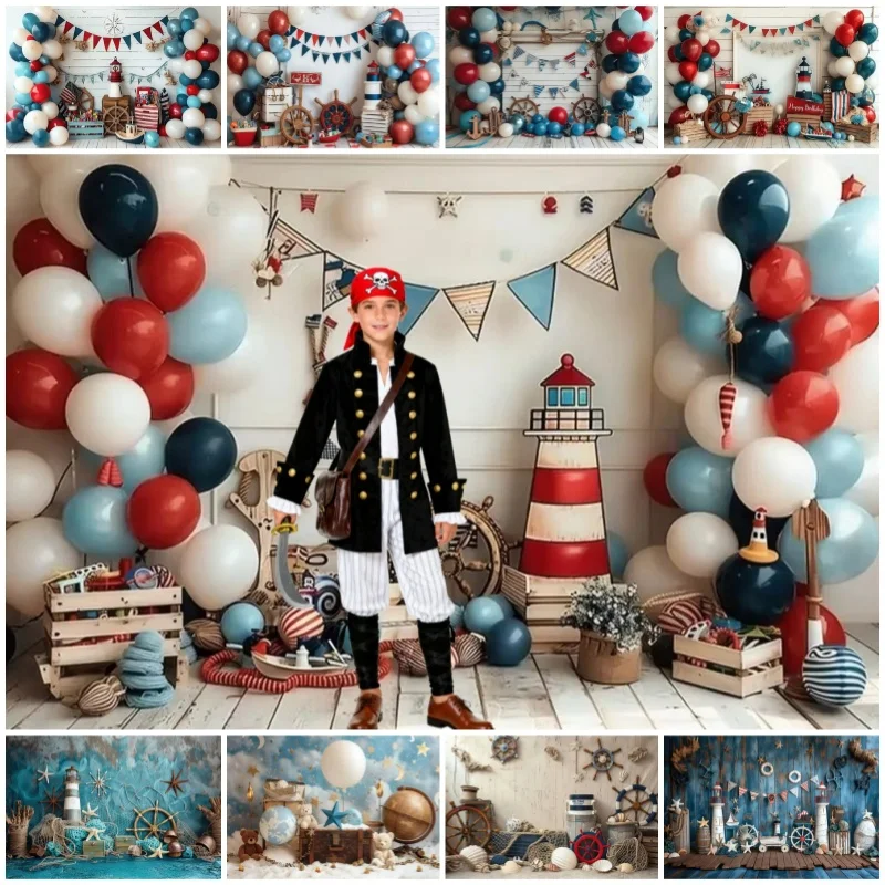 Pirate Wind Boy 1st Birthday Photography Background Helmsman Sailing Crew Sailor Balloons Kids Cake Smash Party Decoration