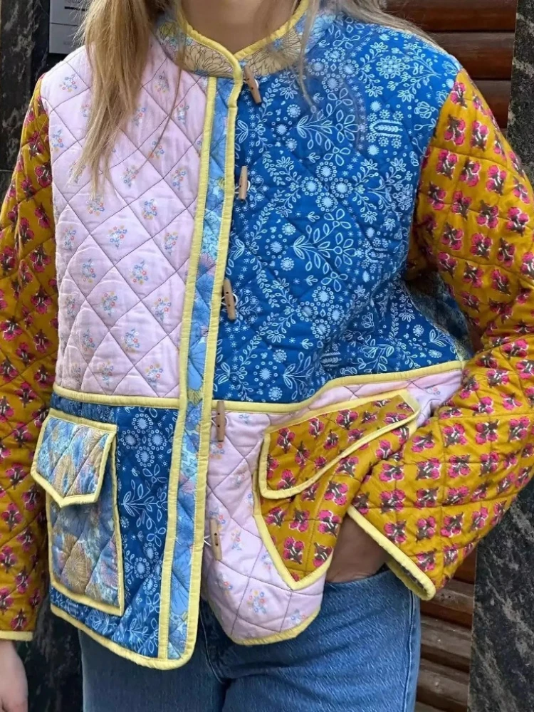 

Винтажная одежда на хлопковой подкладке, куртка в стиле ретро с цветочным принтом, лоскутное зимнее теплое пальто, повседневное женское пальто с длинными рукавами, женская уличная одежда