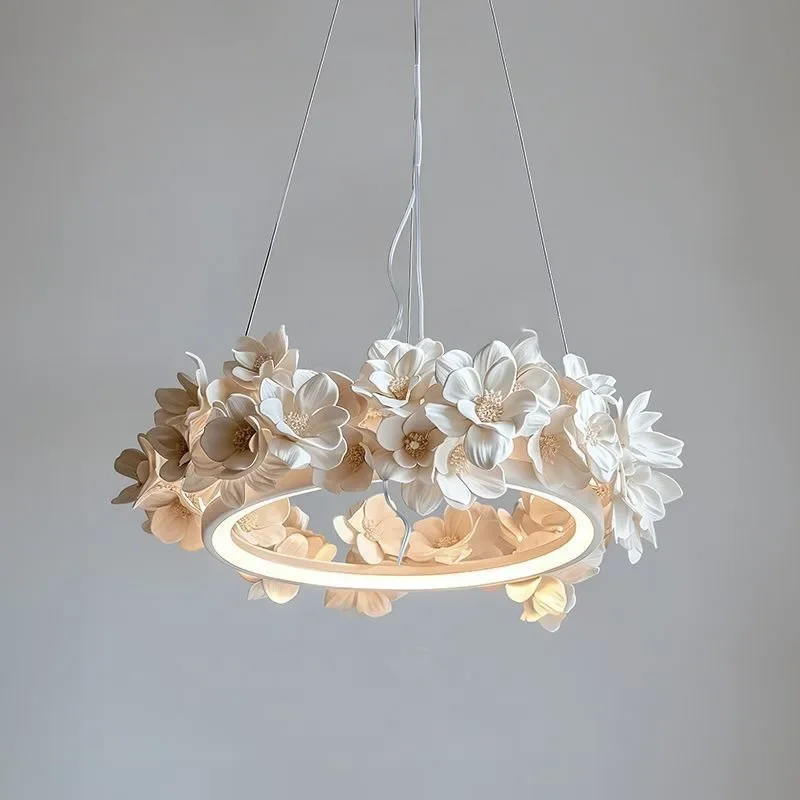 French Round Floral Pendant Lamp For Living Dining Room Kitchen Table Cream White Resin Hanging Light Double Layer Chandelier