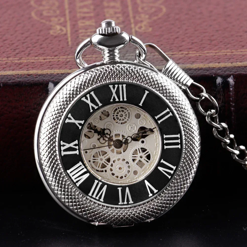 

Silver Mechanical Hand Wind Antique Pocket Watch Exquisite Blue Roman Numerals Display Skeleton Pendant Clock Gifts