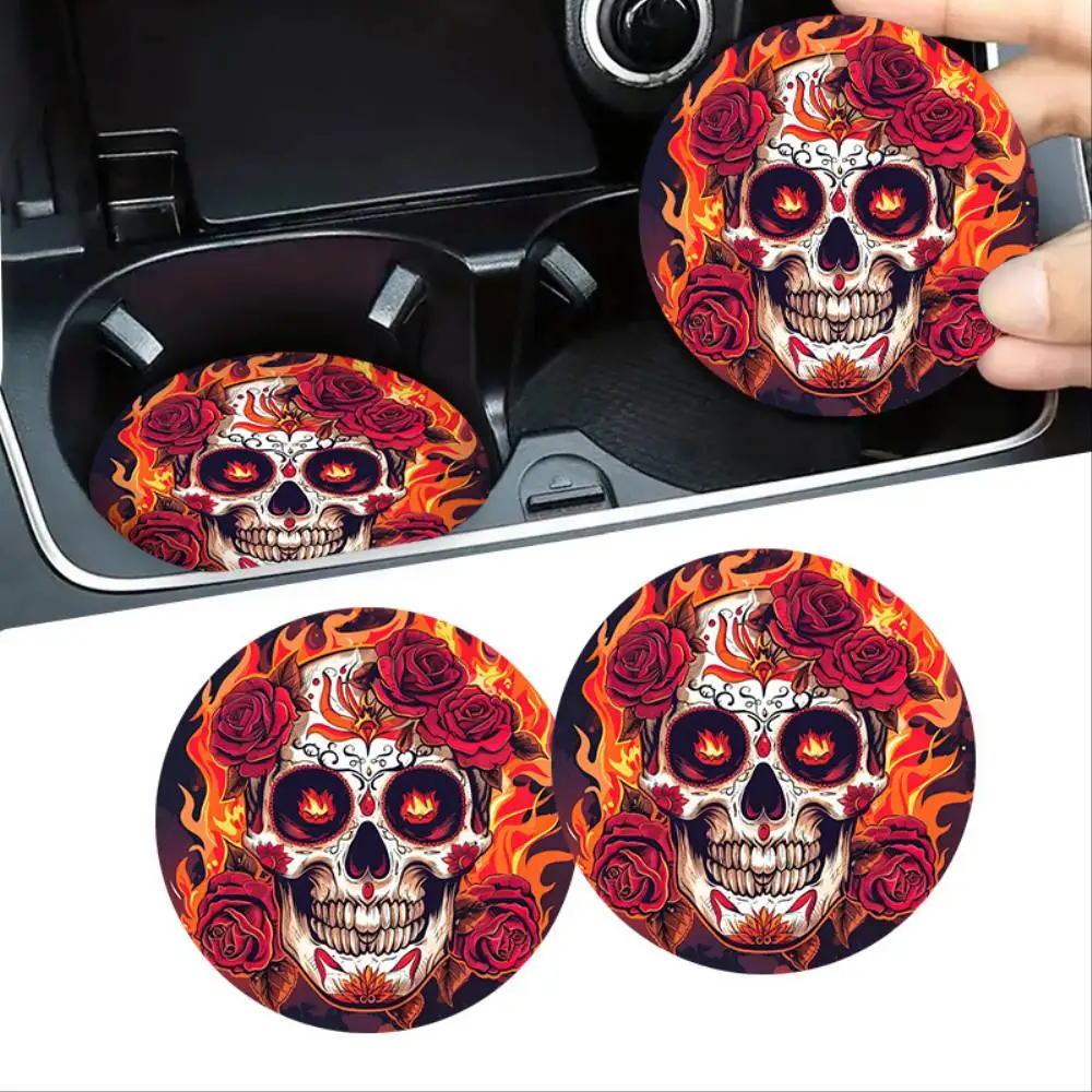 Halloween Skull & Rose Flame EVA Car Coasters 2-Pack Non-Slip Drink Mats Durable Auto Interior Accessories Halloween Gift